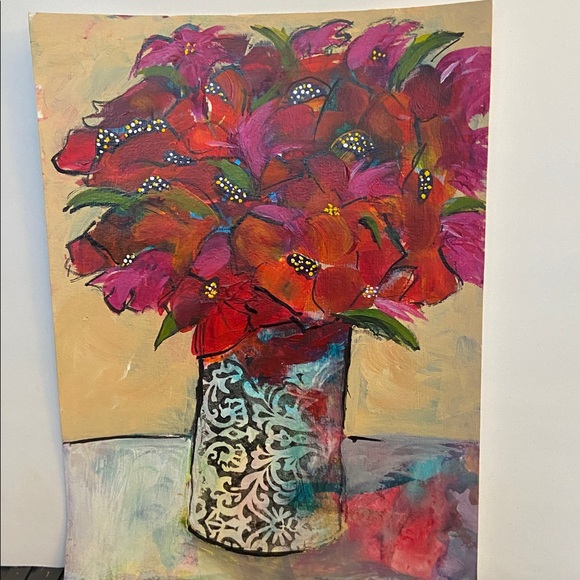 Original Art Vibrant Red and Pink Flowers Floral Wall Art - Picture 4 of 6